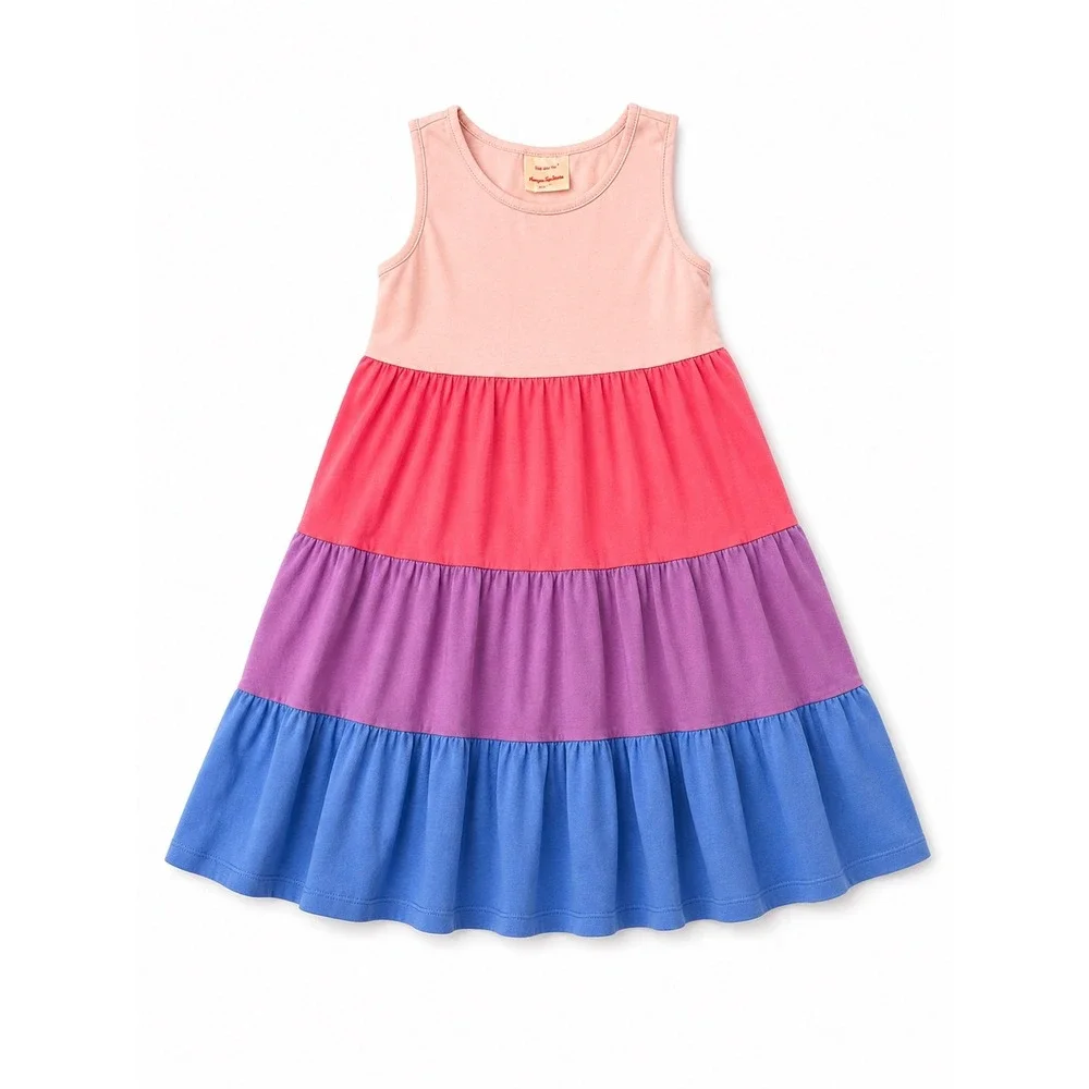Hanna Andersson Girl Size 8 Colorblock Tiered Dress Pink Purple Blue Sleeveless
